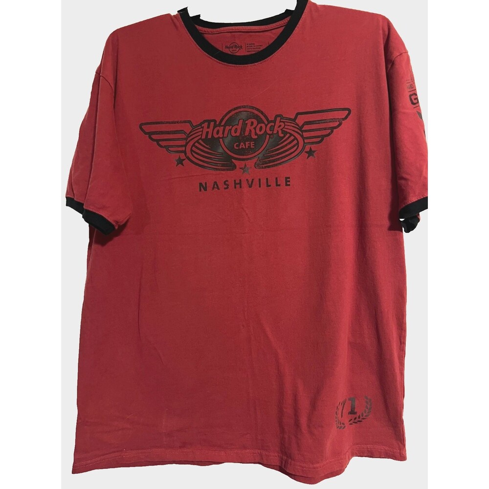 Hard Rock Cafe Winged Military  Ringer Logo Red NASHVILLE Men's T-shirt Size XL